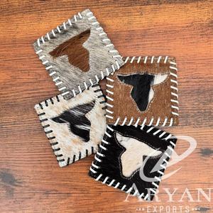 Venta superior hecho a mano Longhorn Cowhide Posavasos Set Western Hair On Hide Posavasos de cuero genuino para bebidas Western Home Decor Gifts - Product Image 1