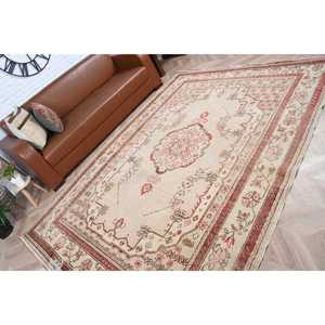 6.5x9.1 ft Turkish Vintage <b>Wool</b> Rug <b>Red</b> White Floral Patchwork Design Latex Backing - Product Image 5