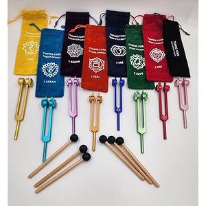 ชุดส้อมจูนจักระ 8 ชิ้น สีต่างกัน น้ำหนักต่างกัน สำหรับการบำบัด พร้อมถุงจักระที่มีสัญลักษณ์ - Product Image 1