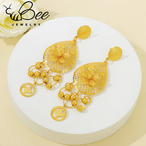 Luxury Gold Color Indian Bridal Jewelry Set Hollow Tassel Flower Long Bib Necklace Earrings Sets For Wedding - Product Image 4