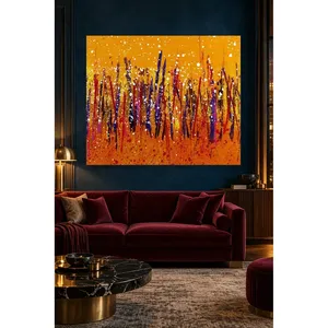 ภาพพิมพ์บนผ้าใบลายเส้นแปรงสีม่วงและสีแดงบนพื้นหลังสีส้ม - Product Image 3