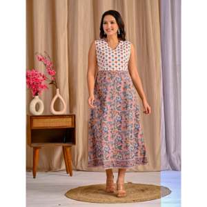 Vestido de algodón beige sin mangas con cintura natural, estampado, transpirable, informal, con cuello halter, talla única para uso diario en casa, ODM - Product Image 4