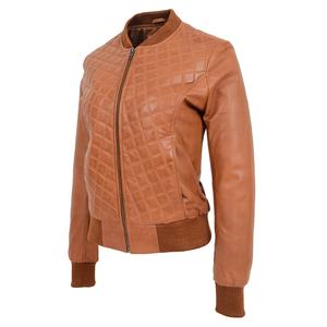 Chaqueta Bomber de cuero acolchado para mujer, chaqueta de cuello tejido a rayas, piel bronceada auténtica - Product Image 4