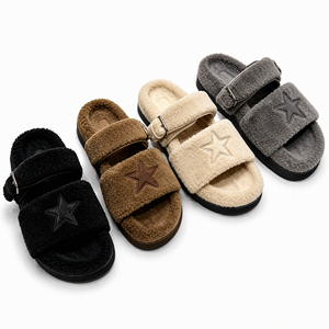 Sandalias planas de invierno para mujer, de felpa, con punta abierta, sin cordones, con hebilla de estrella, suaves y cómodas, para el hogar, informales, pantuflas peludas, pantuflas de novia - Product Image 1