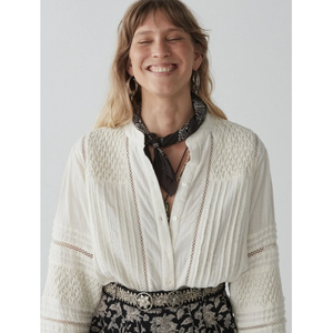 Chemisier Bohème Angela Meringue pour Crème, 2 broderies florales, Popeline Lin Viscose, Taille XL, Coupe longue et ample, Idéal Printemps - Product Image 2