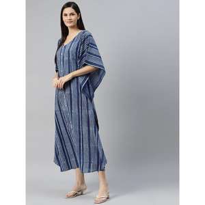 Divena Azul Rayas Kaftan Vestido Mano Bloque Impreso Casual Formal Hasta la rodilla Tallas grandes XS con mangas abullonadas Talla única - Product Image 4