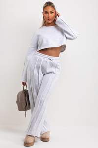 Premium Quality Grey Marl 2 Piece Women's Tracksuit Set Jogger And Crop Sweatshirt With Seam <b>Detail</b> Women's Two Piece Sweat Set - Product Image 5