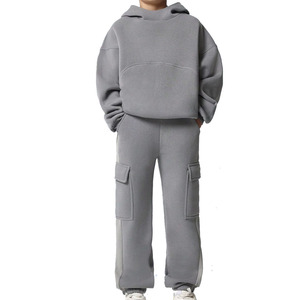 Ensemble de survêtement unisexe gris à capuche avec pantalon cargo long coupe ample couleur unie pour tenue décontractée saison automne 100% coton - Product Image 1