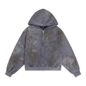 Sweat à capuche surdimensionné pour hommes, délavé à l'acide, Streetwear, sweat-shirt zippé personnalisé avec col à capuche zippé en strass, techniques comprenant des appliques - Product Image 1