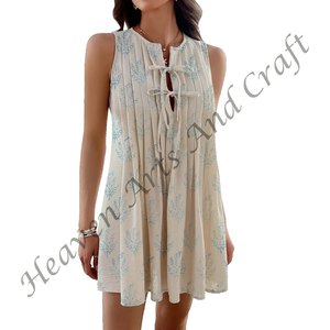 ชุดเดรสลำลองผ้าฝ้ายสำหรับผู้หญิงชุดเดรสมิดิโบฮีเมียนแขนสั้นดีไซน์แขนกุดพิมพ์ลายชายหาดฤดูร้อน - Product Image 3