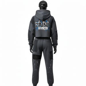 Women High Quality Cotton Blend Fleece 320GSM Dark Grey <b>Patch</b> <b>Panel</b> Tracksuit With Custom Screen Print Logo Tracksuits Plus size - Product Image 2