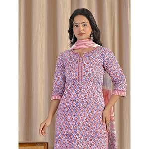 Hand <b>Block</b> <b>Printed</b> Cotton Anarkali Kurta Pant Set Indian Ethnic Style Party Wear for Special Occasions Made From Net Fabric - Product Image 1