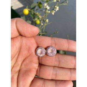 925 Silver Rose Quartz <b>Stud</b> <b>Earrings</b> with Gold Plating Cute Style Bezel Setting for Wedding Engagement or Party - Product Image 2