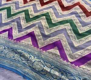 ผ้าชีฟองจอร์เจตต์หรูหราแท้ ผ้ากัฐยา ผ้าบาแนรasi ลายวอเตอร์ซารี ลายเรขาคณิต ทออย่างประณีต ของแท้จากอินเดีย สำหรับงานแต่งงาน งานเลี้ยง งานพิธีกรรม - Product Image 2