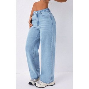 Jean en denim baggy vintage bleu glace de luxe pour femme, taille haute, extensible doux, écologique, durable, tendance, décontracté, en tissu plaqué, toutes tailles - Product Image 3