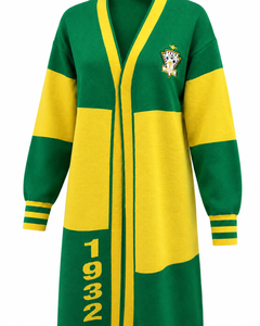 Cardigan en maille pour femme, vert et jaune, à blocs de couleur, col en V, manches longues, logo brodé, coupe ample, longueur genou, vente en gros - Product Image 1