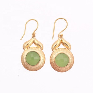 Designer Round Shape Matte Finished Long Hook <b>Earrings</b> with <b>Emerald</b> Gemstone Gold Plated Handmade Fashion <b>Drop</b> Jewelry - Product Image 4