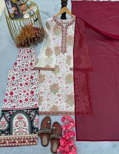 Ensemble de Kurta de fête ethnique fausse georgette à la mode pour femmes avec broderie de séquence lourde haut imprimé numérique Palazzo bordure en dentelle fantaisie - Product Image 2