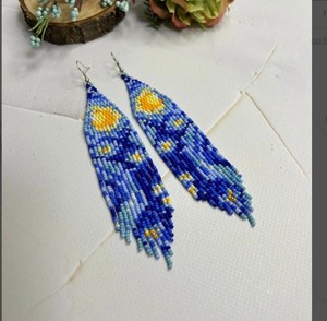 Beaded <b>Earrings</b> Fringe <b>Earrings</b> in Van Gogh Style Starry Sky <b>Earrings</b> <b>Moon</b> Beaded <b>Earrings</b> - Product Image 1