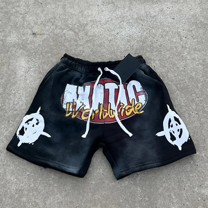 Custom Rhinestone Logo Fabricante de alta calidad Vintage algodón ácido lavado Sun Faded Shorts para los hombres - Product Image 4