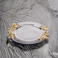 Vente en gros plateau exclusif en acier inoxydable poignée feuille d'or assiette de service en chocolat argenté nickelé plaque de chargement en aluminium