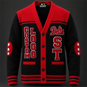 Cárdigan de Punto Acrílico Personalizado Rojo y Negro de la Hermandad Delta Sigma para Mujer, con Botones, Manga Larga, Cuello en V, Alta Calidad - Product Image 1