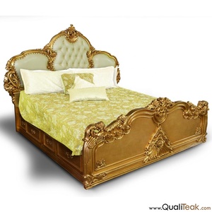 Cama litera tamaño king de madera maciza antigua Qualiteak FB-007 con tallado completo en caoba dorada, estilo francés, hecha a mano para uso doméstico. - Product Image 1