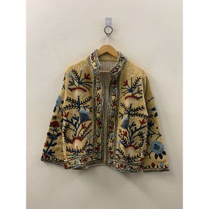Veste en coton artisanale Saffron Garden, style Prairie Chic, avec points de chaînette, couleur moutarde poussiéreuse et indigo, pour la saison printanière, finition soignée - Product Image 2