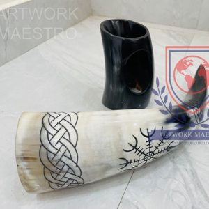 Handcarved Vigvisir Viking Logo Buffalo <b>Drinking</b> Horn with <b>Stand</b> Large Capacity & Washable - Product Image 1