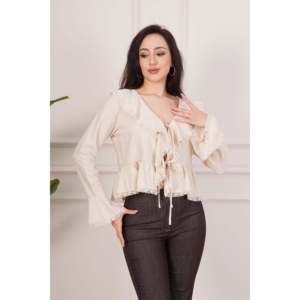 Blusa Elegante para Mujer LUSTRIN, Color Beige Piedra, con Cuello de Lazo y Delicado Detalle de Encaje, Tela de Poliéster Fluida para Uso Casual o de Oficina - Product Image 1