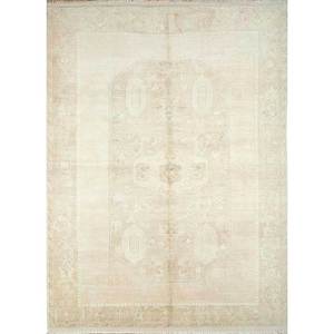 Tapis en laine noué à la main beige-brun vintage pour la maison - Idéal pour salon, couloir, entrée, chambre d'adolescent - Motif médaillon rectangulaire en puzzle - Product Image 1