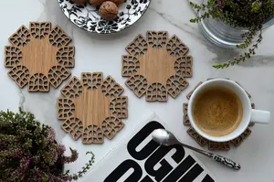 Posavasos de nogal Jodhpuri Inc Posavasos de madera redondos para bebidas tulipán Hecho a mano Art Deco Accesorios de decoración de mesa - Product Image 4