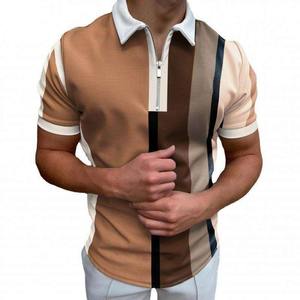Jersey de verano informal para hombre tejido para Polo camiseta transpirable manga corta con cremallera pulóver con patrón de rayas coloridas sólido - Product Image 1