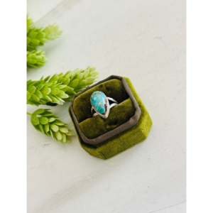 Southwest Boho <b>Statement</b> <b>Ring</b> Size 7 Featuring Smooth Mohave Turquoise Gemstone Sterling <b>Silver</b> for Everyday Wear Made Platinum - Product Image 4