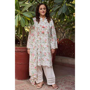 Ensemble 3 pièces en mousseline brodée et imprimée, avec dupatta brodée translucide à motifs, taille unique/XS/6XL pour événements - DN-62010 - Product Image 2