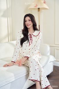 Ensemble de pyjama de maternité en lin à manches longues B2 MUM B869 Motif cœur rouge Bordure rouge Col Peter Pan Doux Léger Respirant - Product Image 2