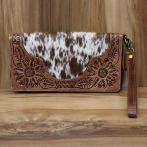 Western Style Hair on Hide Tooled Fur Leather Wristlet Clutch Women Designed <b>Purse</b> Hot Selling Tooled Leather Zipper <b>Wallet</b> - Product Image 1