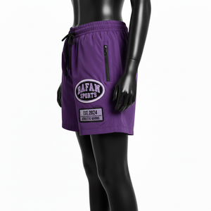 Shorts cortavientos para mujer, tela de nailon premium, color morado sólido, estilo urbano, logotipo bordado en chenilla, shorts personalizados para mujer - Product Image 3