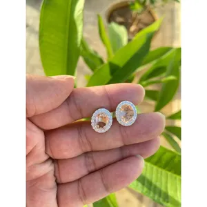 Vintage Trendy 925 Silver Oval Peach Morganite <b>Stud</b> <b>Earrings</b> 14K & 18K Gold Bezel Setting Diamond Zircon Inlay for Engagement - Product Image 5