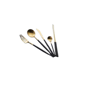 Juego de cubiertos de acero inoxidable de grado alimenticio con logotipo personalizado para bodas y hoteles de alta calidad en negro y dorado al por mayor, juego de cubiertos de acero con espejo - Product Image 1