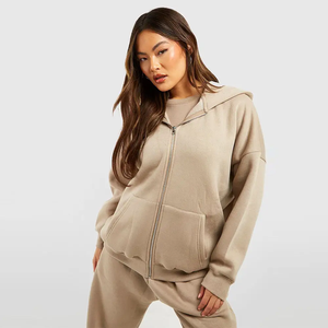 Lourd surdimensionné 100% français éponge épais polaire marron coton femmes pull fermeture éclair à capuche, sweat - Product Image 1