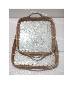 Bandeja ecológica de perlas blancas, decoración rústica, bandeja de bambú para servir, cesta de ratán con concha de ratán perla Madre, bandeja tejida para comida - Product Image 1