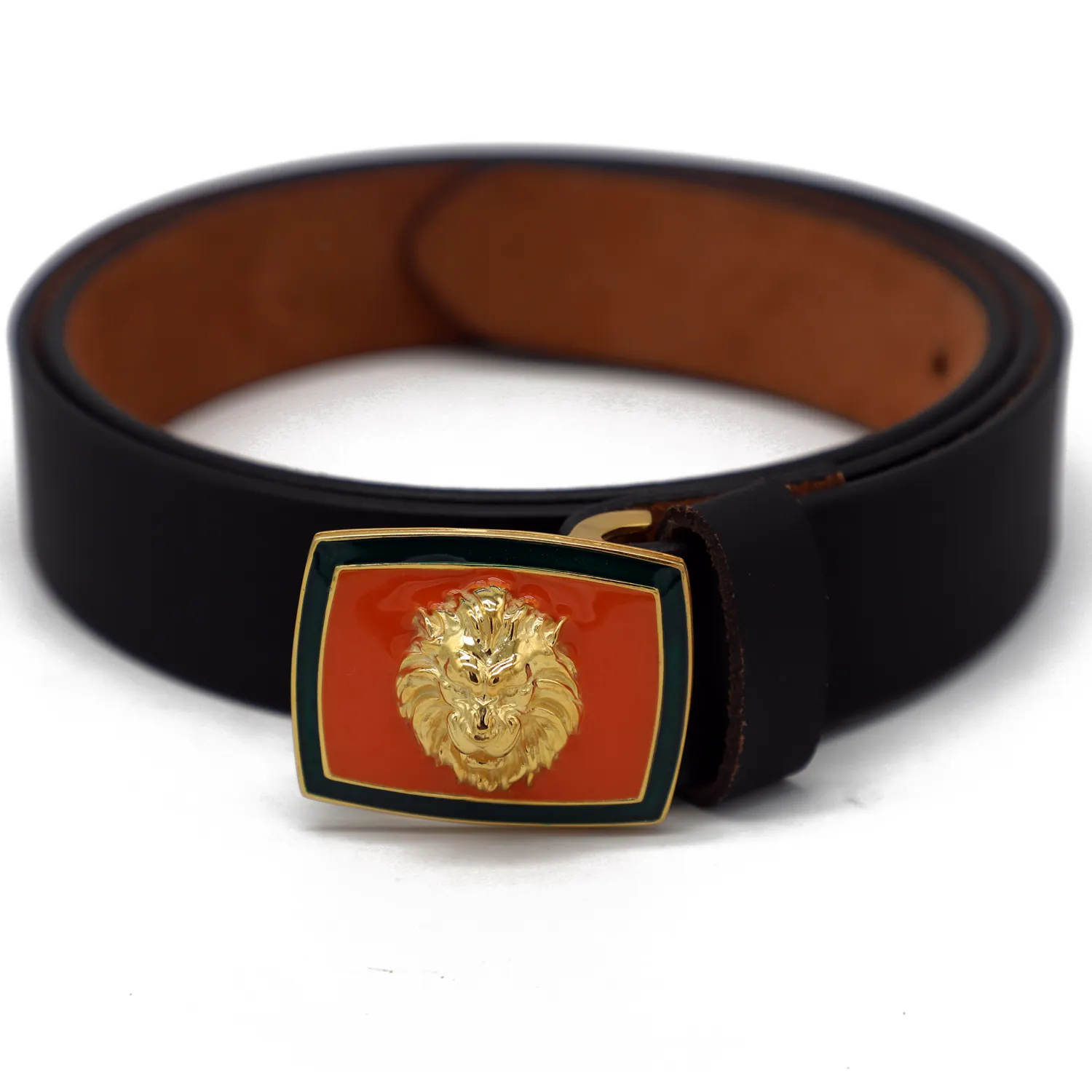 925 Sterling Silver Orange Enamel Belt Buckle Square Shape Lion Face Belt Gold Plated Beautiful Men's Fashion Gift For Him