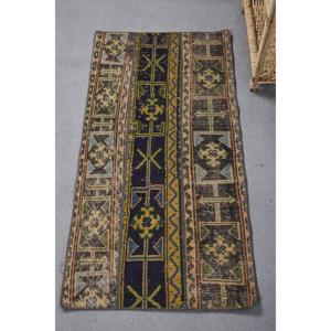 Tapis Vintage en Laine 2 X 3.9ft/61X120cm Bleu Vert Patchwork Géométrique pour Adolescents Grande Surface 9x12 Latex pour Couloir Rectangle Espace - Product Image 1