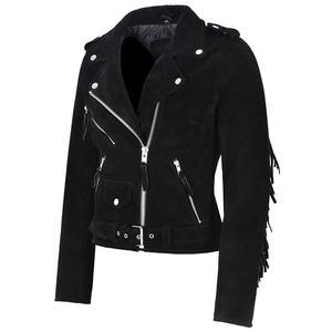 <b>Black</b> Fringe <b>Suede</b> Leather <b>Jacket</b> for Women's Real Sheepskin Motorcycle Style Leather <b>Jacket</b> - Product Image 2