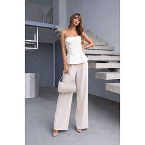 Mybeefashion Women's White Strapless Crop Top and Wide Leg Pants Two-Piece Set - Casual Summer Cotton <b>Blend</b> Outfit - Product Image 1