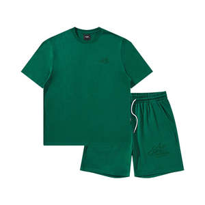 2 Pieces Men Summer Eco-Friendly 100% Cotton Acid Wash Seamless Fusing Silk Screen Printed Crew Neck Streetwear Sportswear Sets - Product Image 1