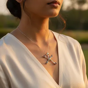 Pendentif croix tendance en argent plaqué rhodium avec pierres précieuses améthyste pour bijoux femme - Product Image 1