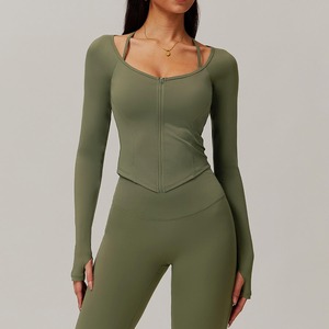 Chaqueta deportiva de entrenamiento de otoño e invierno para mujer, camisetas de Yoga para Fitness de secado rápido con cremallera, manga larga, logotipo frontal, patrón sólido - Product Image 4