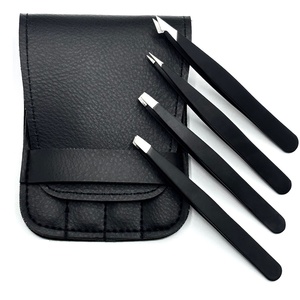 Juego Profesional de Pinzas para Cejas 4 en 1 de Acero Inoxidable, Logotipo Personalizado, Depilación, Modelado, Punta Inclinada, Plana, Angulada, Cuero Negro - Product Image 1